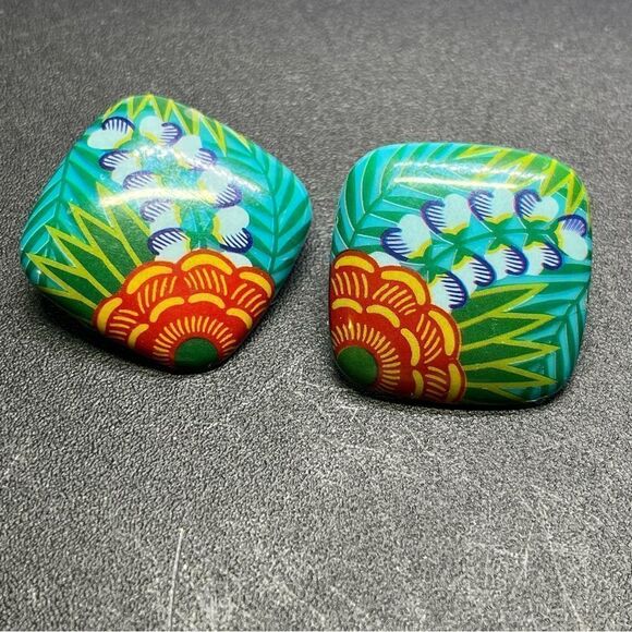 Vintage 1987 AVON Lucite Green Floral TROPICAL BEAUTY‎ Earrings Clip On - Picture 1 of 3